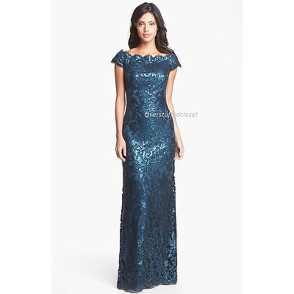 Tadashi Shoji Blue Sequin Lace Off Shoulder Gown Starry Night Color 14 $432